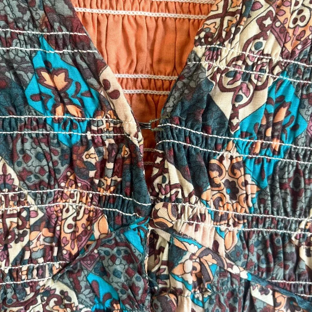 Anthropologie Smocked Ruffle Peregrine Midi Dress Turquoise Patch XL - Picture 8 of 14